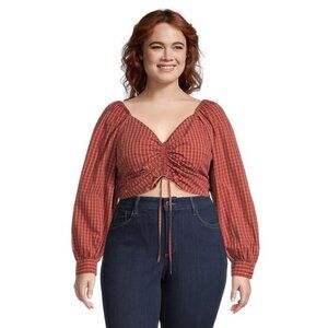 LEVI'S Trendy Plus Size Devin Cotton Red Plaid Ruched Balloon-Sleeve Top NWT